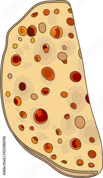 Fototapeta Stylized flatbread piece is rotating in flat design with brown orange dots, transparent background