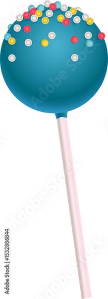Fototapeta Flat design teal cake pop is floating on transparent backdrop with colorful sprinkles on pink stick
