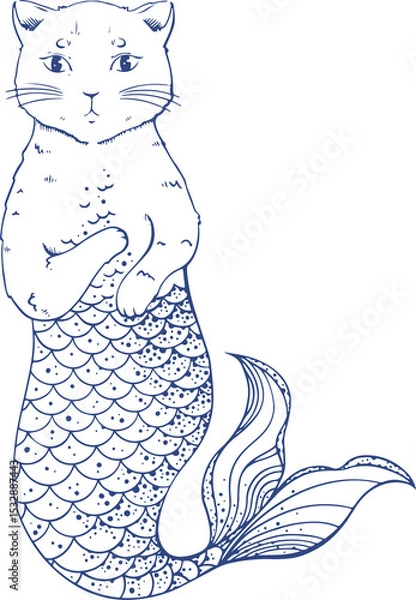 Obraz Cat-mermaid hybrid is swimming with forepaws, scaled tail in blue line art, transparent background