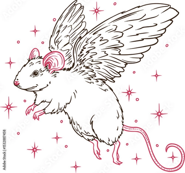 Obraz Line art winged mouse is gliding on transparent background, featuring pink accents and red stars