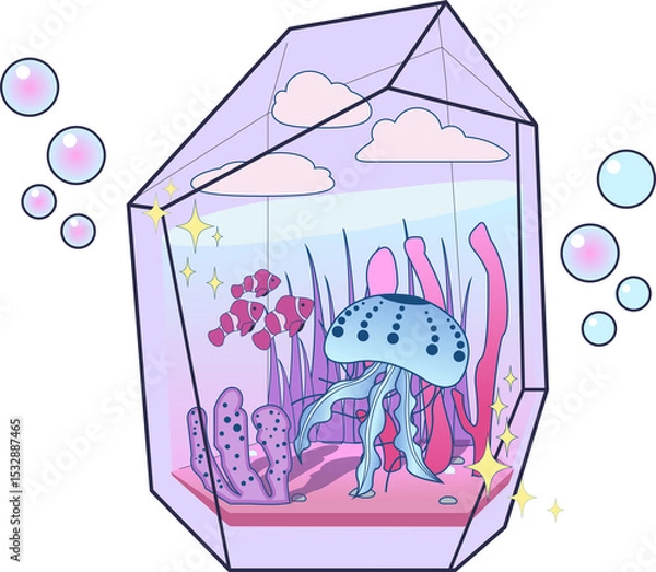 Fototapeta Rendering pastel aquarium: jellyfish, clownfish, coral seaweed in bubbles, transparent background
