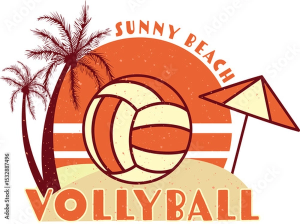 Fototapeta Vintage flat design is showing volleyball on sand under palms and umbrella, transparent background