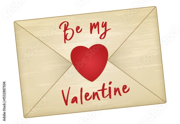 Obraz Showing envelope in flat design, red heart seal, Be my Valentine script on transparent background