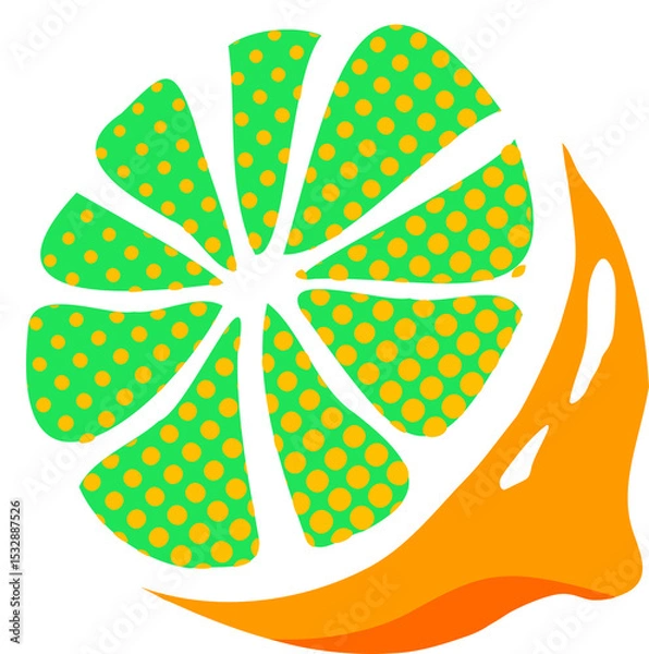 Fototapeta Flat citrus slice is showing ten green dotted wedges, orange flame accent, transparent background