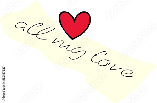 Obraz Flat design showing floating torn note on transparent backdrop with cursive love text and red heart