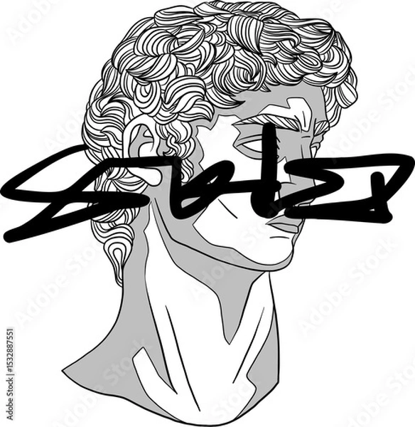 Obraz Classical bust is appearing on transparent background in line drawing with scribble overlay
