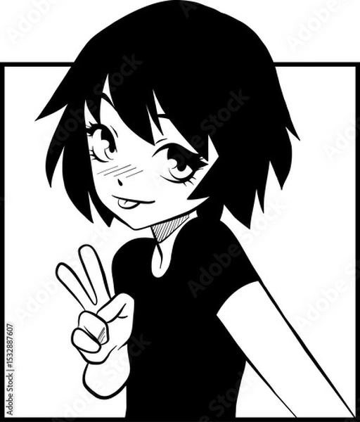Obraz Anime girl is making peace sign with blush, tongue peek in line art frame, transparent background