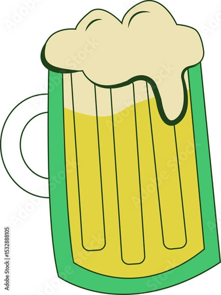 Fototapeta Stylized flat beer mug is featuring dark green outline with frothy foam rim, transparent background