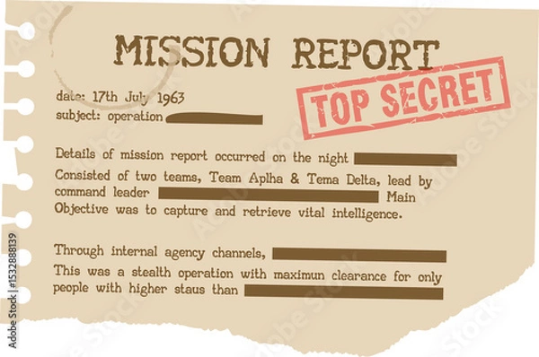 Fototapeta Torn page is showing MISSION REPORT with TOP SECRET stamp  and  redacted bars, transparent backgroun