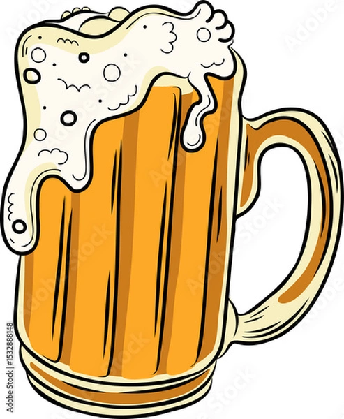 Fototapeta Stylized beer mug is spilling frothy foam and rising bubbles in flat design, transparent background
