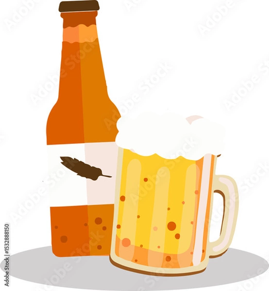 Fototapeta Beer bottle and bubbly mug are standing on oval base with transparent background in flat design