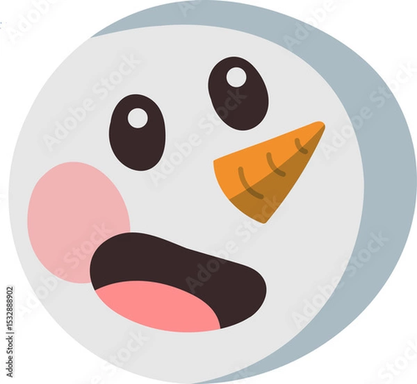 Fototapeta Showing flat snowman face on transparent background, brown eyes pink cheek carrot nose open mouth