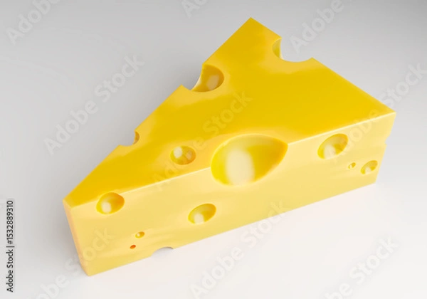 Obraz Yellow wedge of Swiss cheese with characteristic holes isolated on white background, used in food, cooking, and dairy industry. Food production, dairy. - 3d image