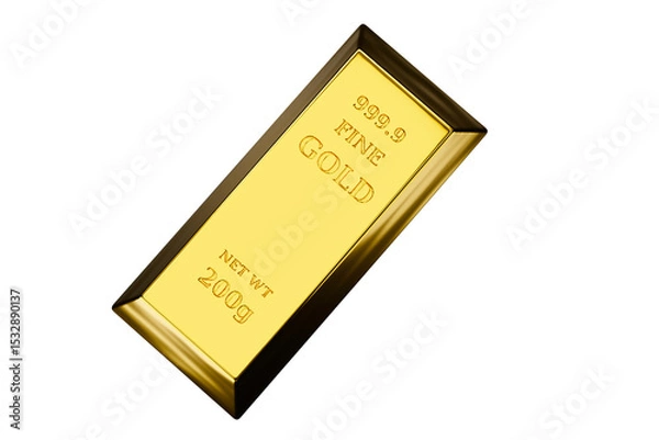 Obraz Single shiny 200g gold bar marked 999.9 fine gold isolated on white background, symbolizing investment, wealth, and financial value. Finance, banking, investment. - 3d image