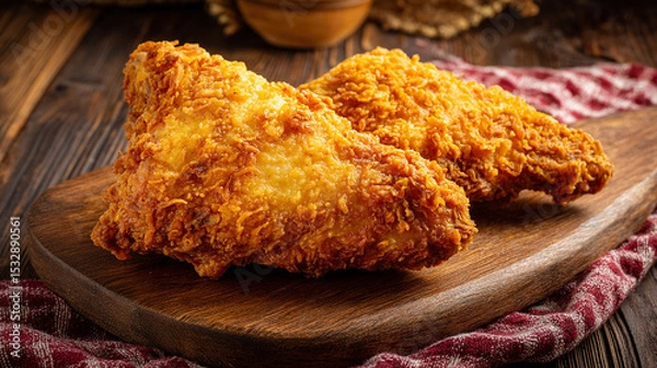 Fototapeta Detailed Close-Up of Fried Chicken on Weathered Wooden Surface