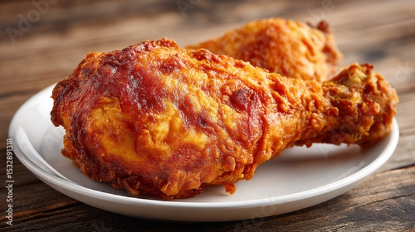 Fototapeta Detailed Close-Up of Fried Chicken on Weathered Wooden Surface