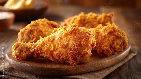 Fototapeta Rustic Wood Table Showcasing Crunchy Fried Chicken Leg