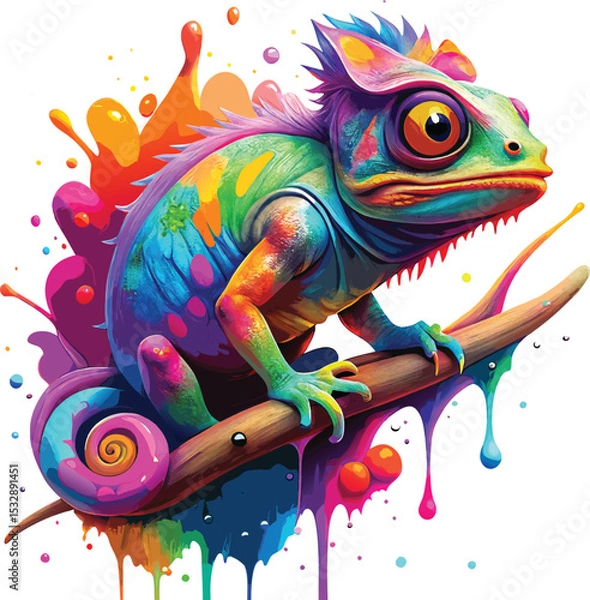 Obraz Vibrant chameleon on branch with colorful paint splashes