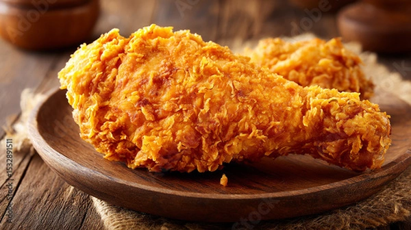 Fototapeta Rustic Wood Table Showcasing Crunchy Fried Chicken Leg