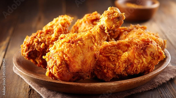 Fototapeta Rustic Wood Table Showcasing Crunchy Fried Chicken Leg