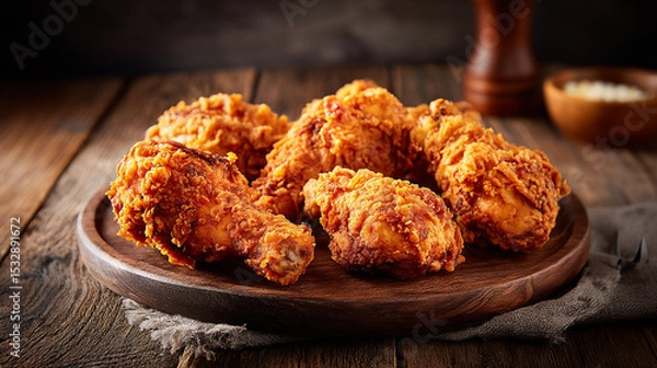Fototapeta Rustic Wood Table Showcasing Crunchy Fried Chicken Leg
