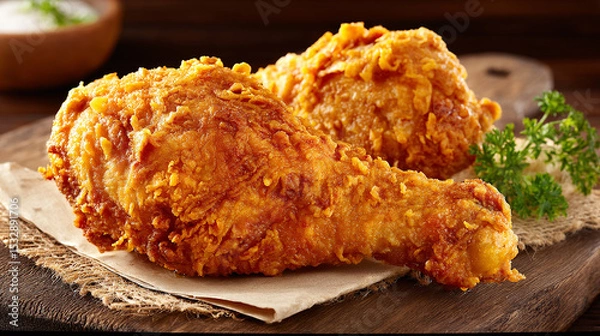 Fototapeta Rustic Wood Table Showcasing Crunchy Fried Chicken Leg