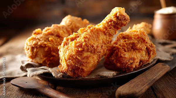 Fototapeta Rustic Wood Table Showcasing Crunchy Fried Chicken Leg
