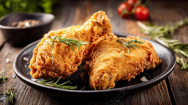 Fototapeta Rustic Wood Table Showcasing Crunchy Fried Chicken Leg