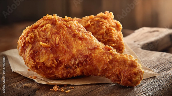Fototapeta Rustic Wood Table Showcasing Crunchy Fried Chicken Leg