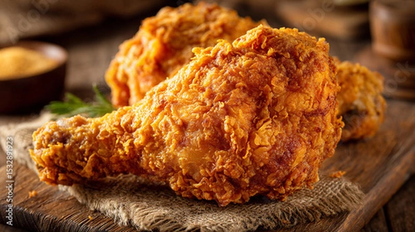 Fototapeta Rustic Wood Table Showcasing Crunchy Fried Chicken Leg