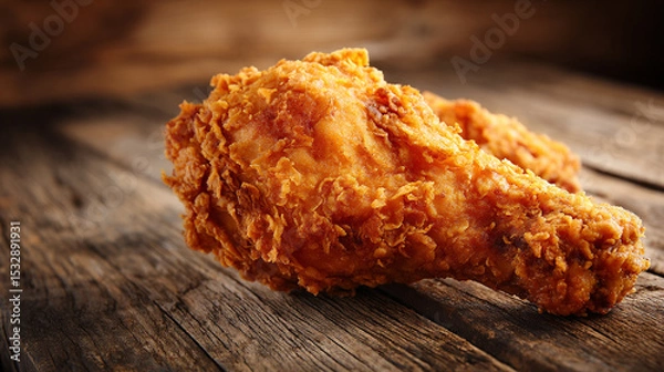 Fototapeta Rustic Wood Table Showcasing Crunchy Fried Chicken Leg