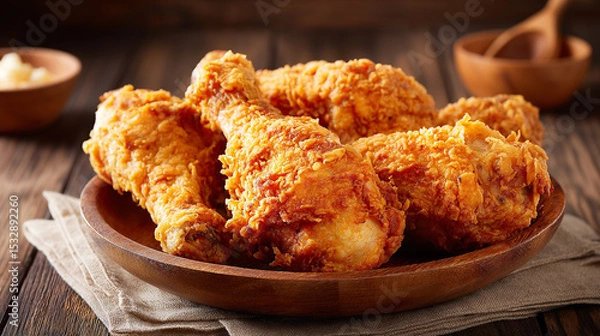 Fototapeta Rustic Wood Table Showcasing Crunchy Fried Chicken Leg