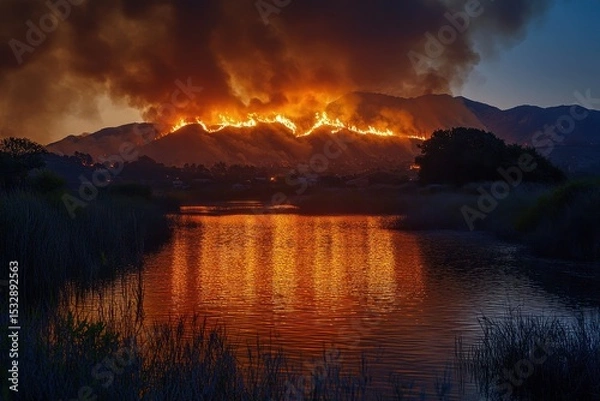 Obraz California River Fire engulfing hills near Salinas in Monterey County as flames reflect in the water during twilight hours
