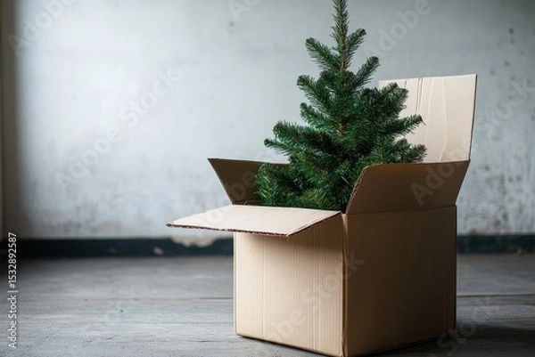 Obraz Carton box containing a removed Christmas tree during the post-holiday cleanup in an empty room