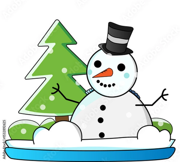 Fototapeta Cartoon snowman is standing in flat winter art with top hat, evergreen tree, transparent background