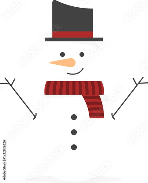 Fototapeta Flat design snowman is standing on transparent background, showing carrot nose, top hat, red scarf