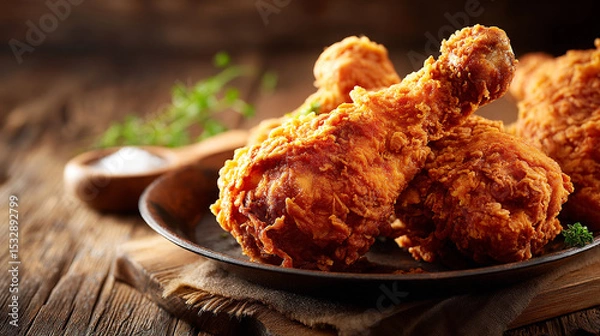 Fototapeta Rustic Wood Table Showcasing Crunchy Fried Chicken Leg