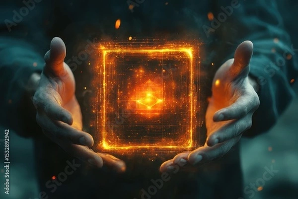 Obraz Doctor presents a glowing digital shield symbolizing protection and innovation in a clinical setting, showcasing advanced technology and medical expertise in a contemporary environment