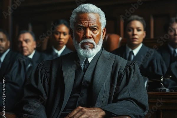 Obraz Midsection of judges in a courtroom during a personal injury trial showcasing serious expressions and deep concentration on their duties in the judicial process