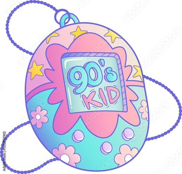 Obraz Flat pastel virtual-pet is floating on transparent bg showing 90's Kid screen and bead strap