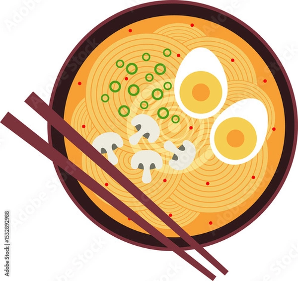 Fototapeta Stylized flat ramen bowl is showing eggs, mushrooms, chopsticks, red dots on transparent background