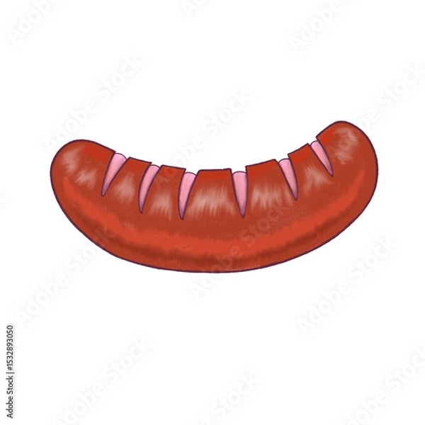 Fototapeta Flat design red sausage is showing six diagonal slits on transparent background with glossy shading