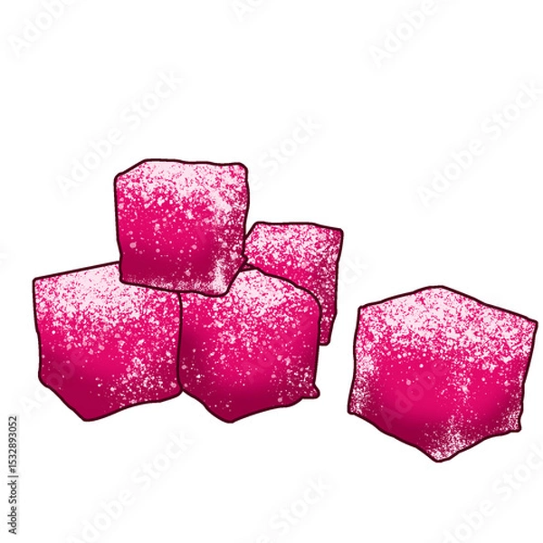 Fototapeta Five sugar-coated pink gummy cubes are floating on transparent background in 3D render style