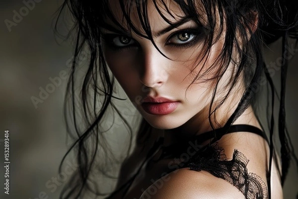 Obraz Striking portrait of a young brunette girl with captivating eyes posing in a dramatic style against a dark backdrop