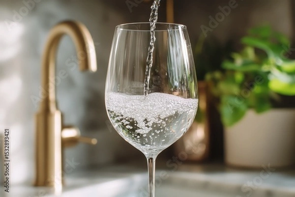 Obraz Clear wine glass being filled with sparkling water in a modern kitchen setting with a sleek faucet and green plants