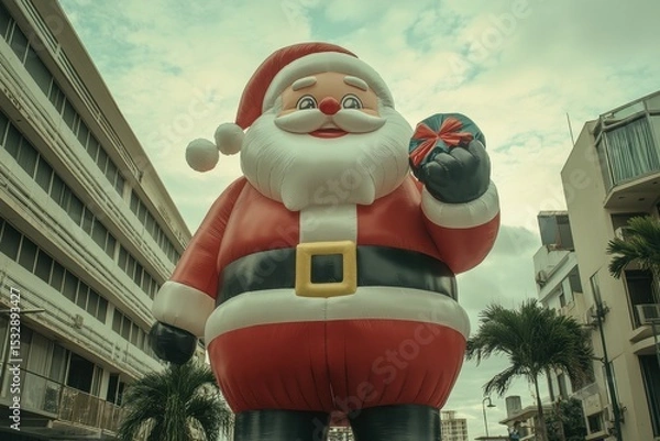 Obraz Giant Inflatable Santa Claus holding a colorful gift stands in a festive street during the holiday season, bringing joy to residents and visitors alike
