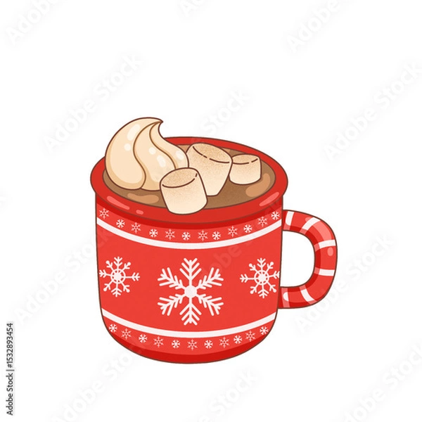 Fototapeta Flat design is showing red snowflake mug, hot chocolate, cream  and  marshmallows on clear backgroun