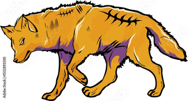 Obraz Vector orange wolf is walking right on transparent background showing purple shading and scratches