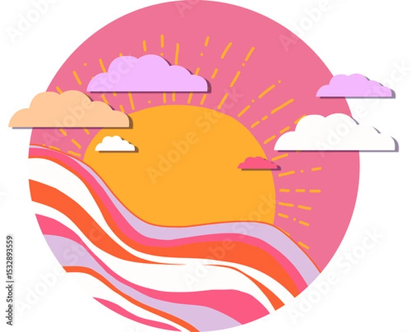 Obraz Golden sun rising over colorful waves in flat design, with pastel clouds on transparent background