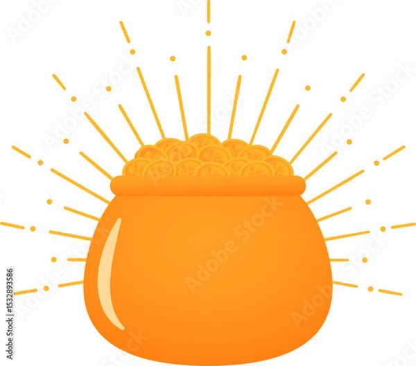 Obraz Flat vector pot is overflowing with gold coins, burst lines and sparkles, transparent background